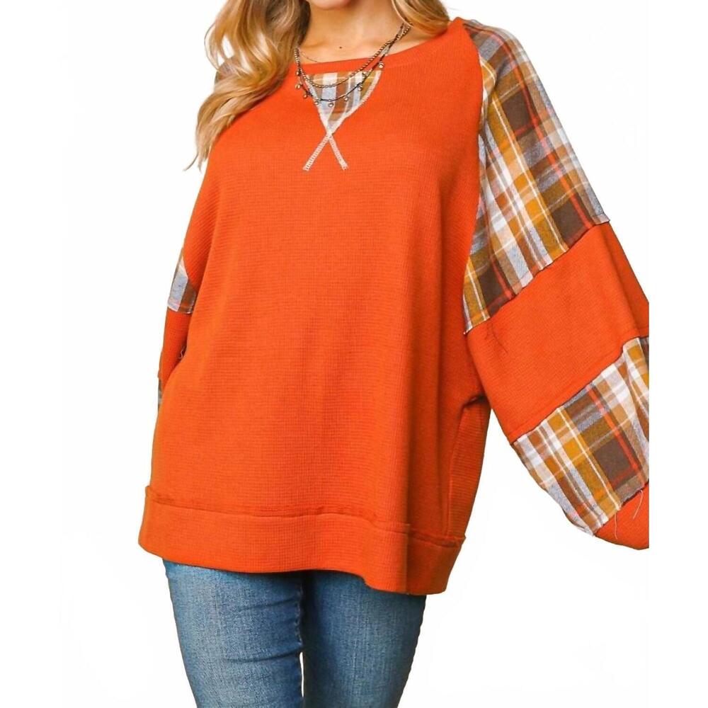 NEW HAPTICS women's thermal knit color block bubble sleeve top in orange